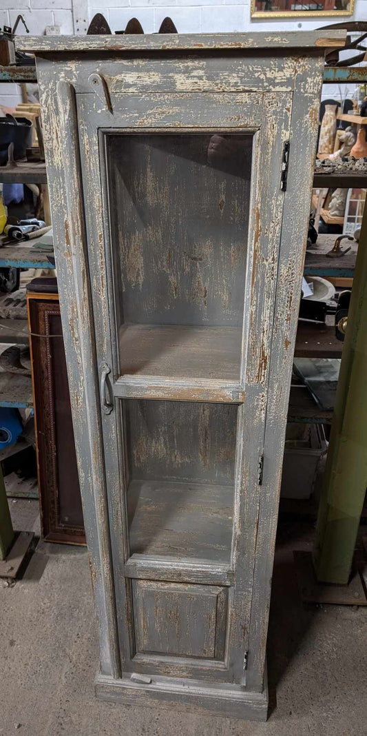 Skinny Vintage French Style Distressed Wood Cabinet / Glass Windows