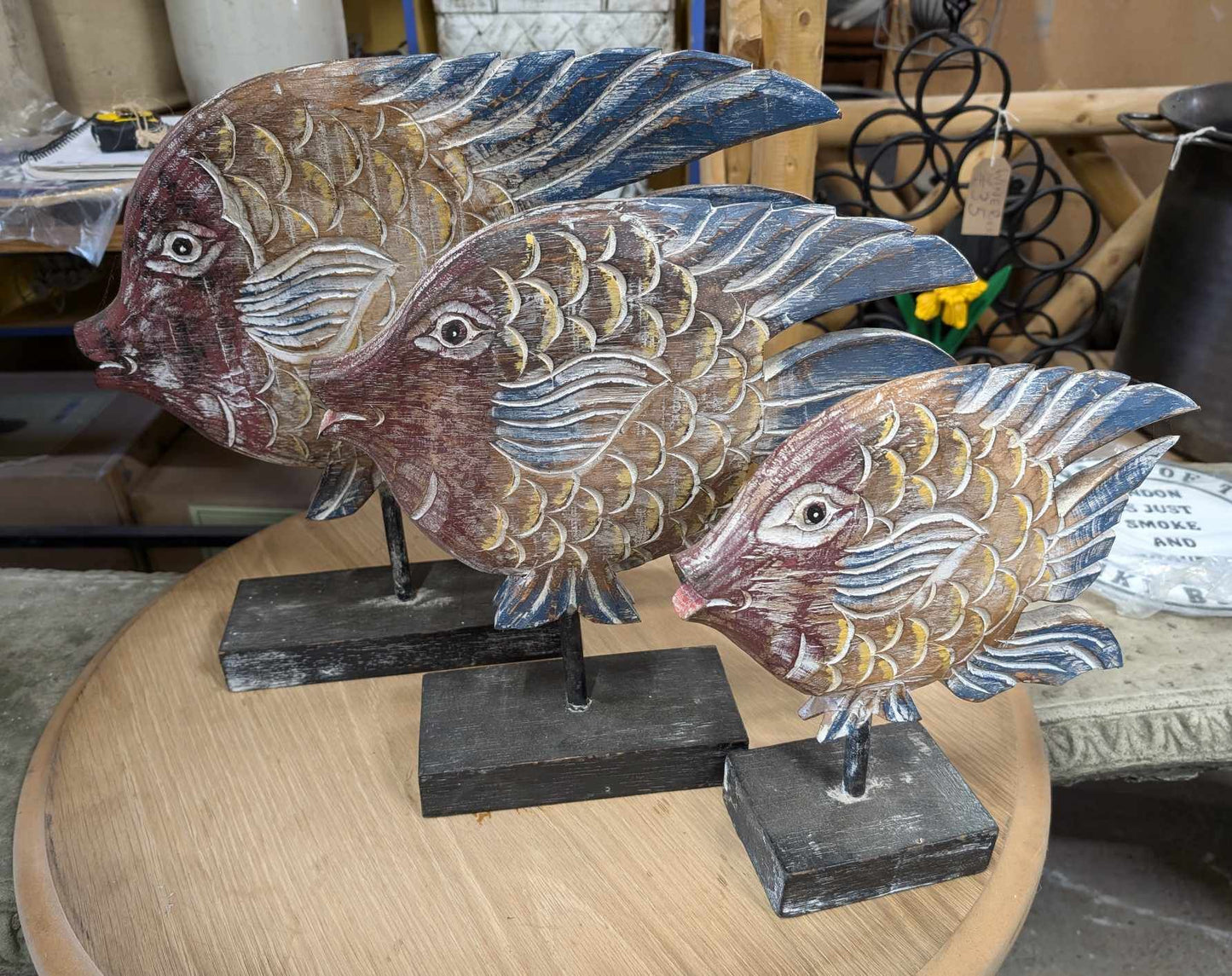 Trio of Standing Weathered Wood Fish Sculptures / Varying Sizes