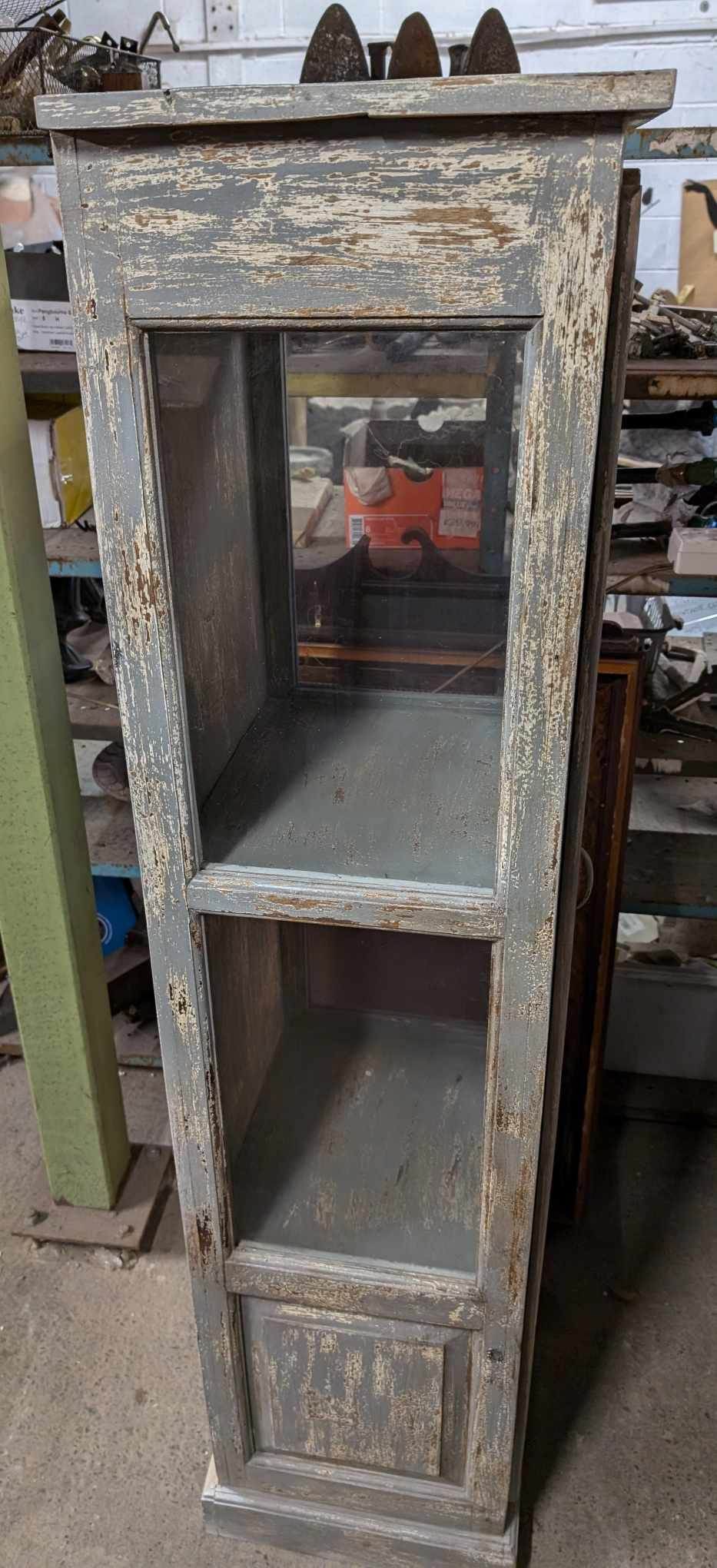 Skinny Vintage French Style Distressed Wood Cabinet / Glass Windows