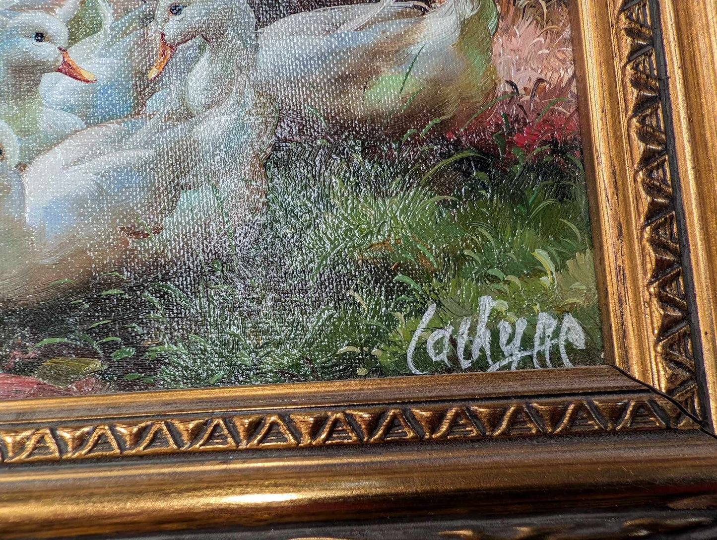 Pair of Original Duck Oil Paintings in Ornate Metallic Frames