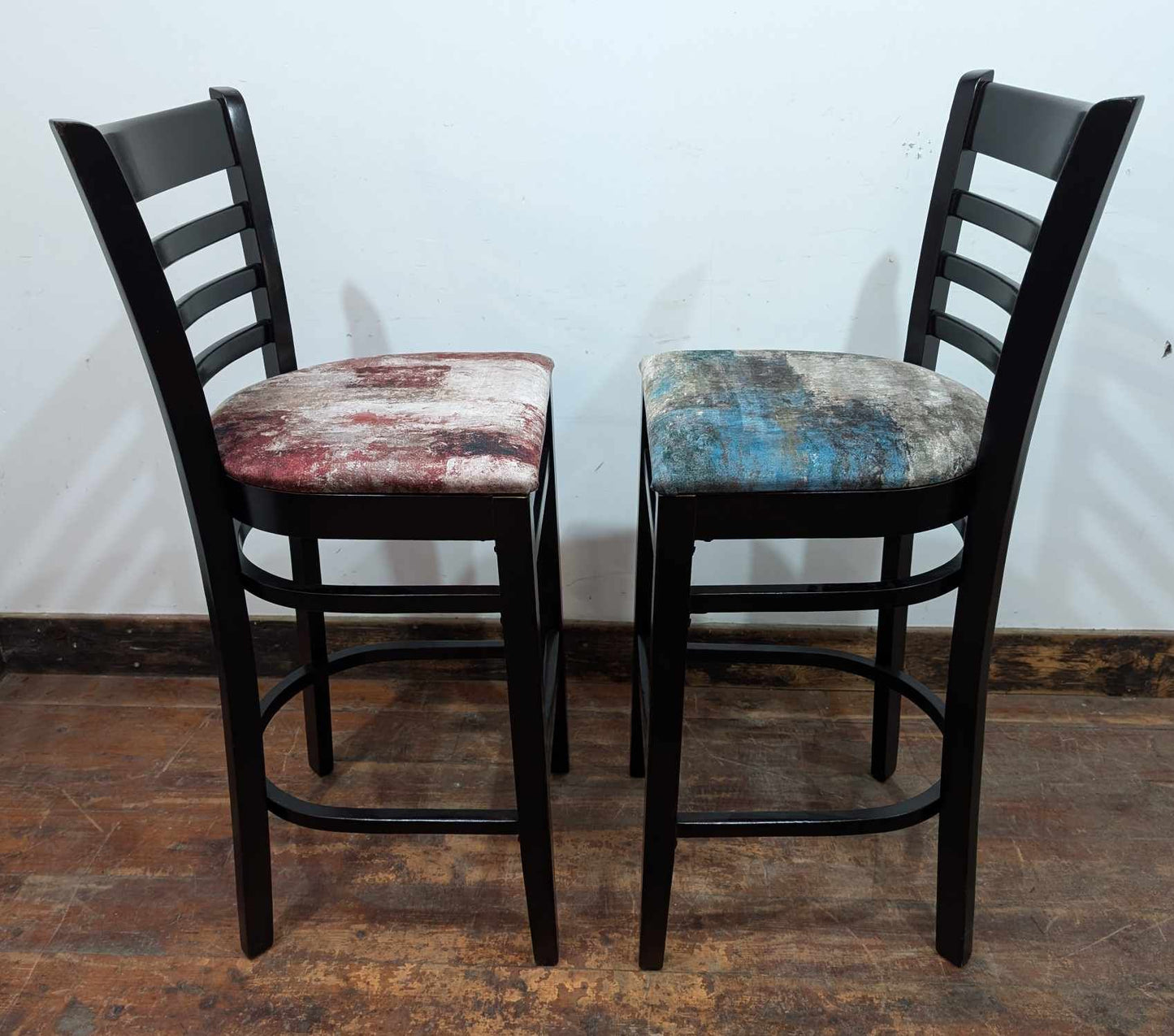 Pair of Black Highback Bar Stools with Fabric "Paint Pattern" Seats - 1 Red, 1 Blue