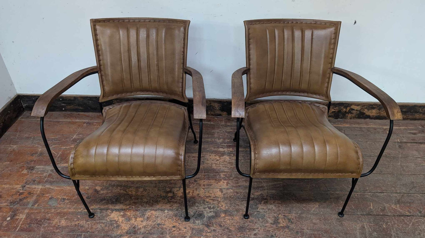 Pair of Metal Framed, Leather Upholstered Chairs with Armrests