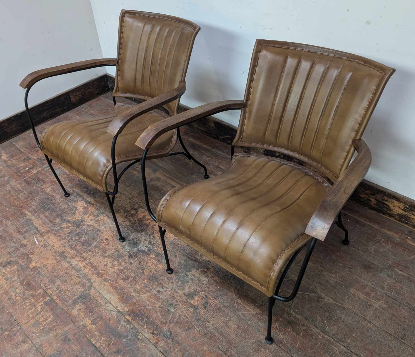 Pair of Metal Framed, Leather Upholstered Chairs with Armrests