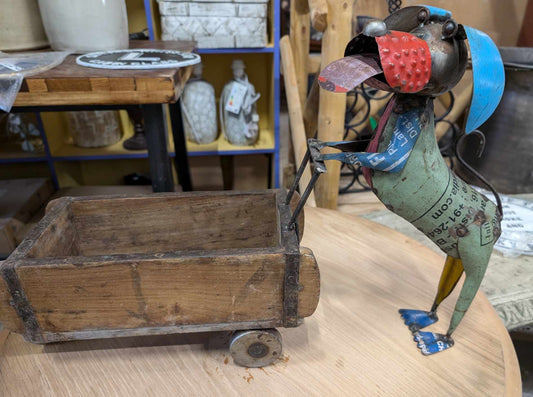 Scrap Metal Dog Sculpture with Small Wheelbarrow Planter