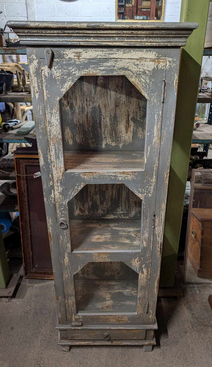 Vintage French Style Distressed Wood Cabinet with Glass Windows and Single Drawer