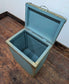 Vintage Blue Wicker Tub Chair with Matching Glass Top Side Table / Storage Basket