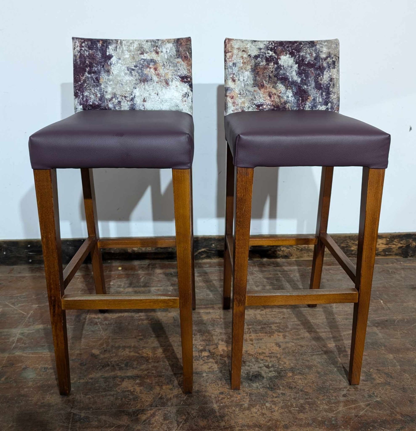 2 x purple patterned bar stools