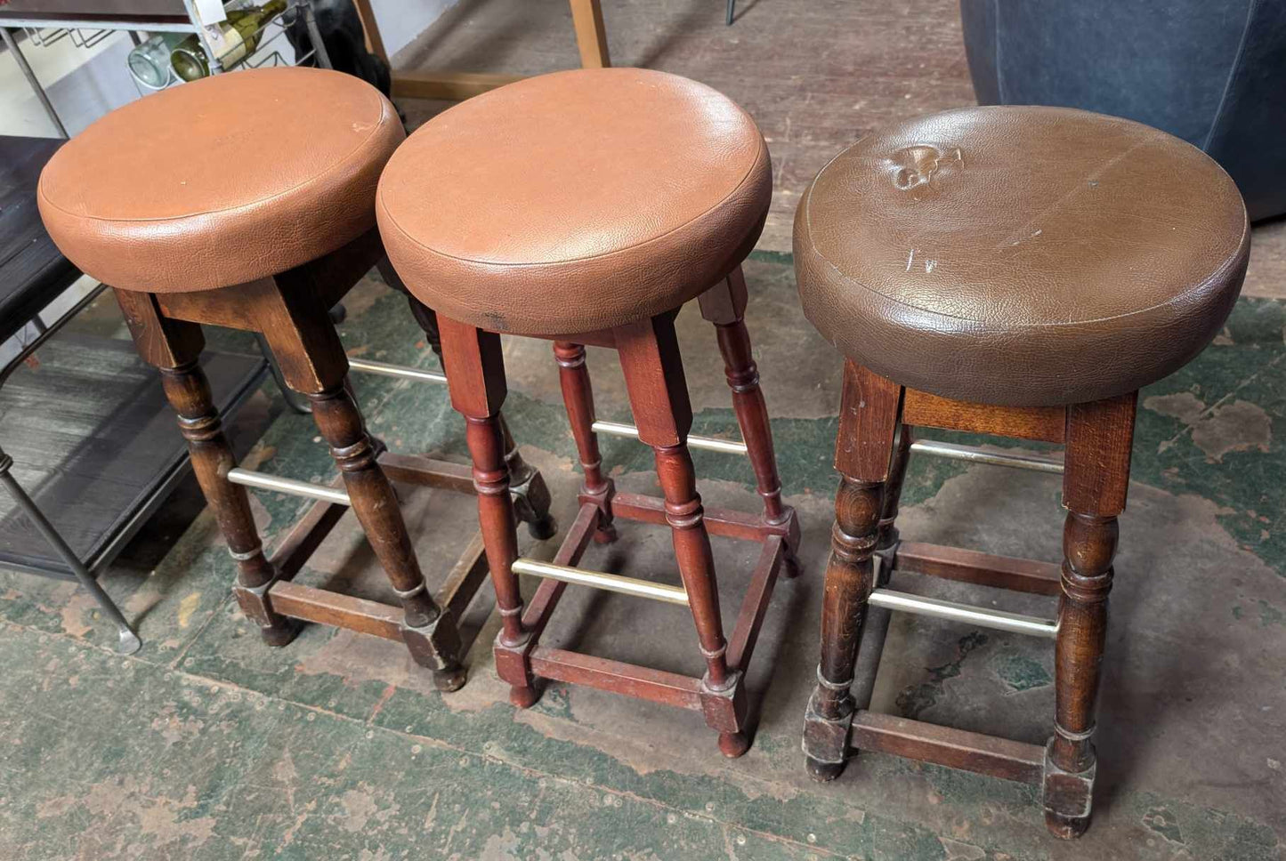 Set of Three Wooden Leather Top Stools with Steel Footbars