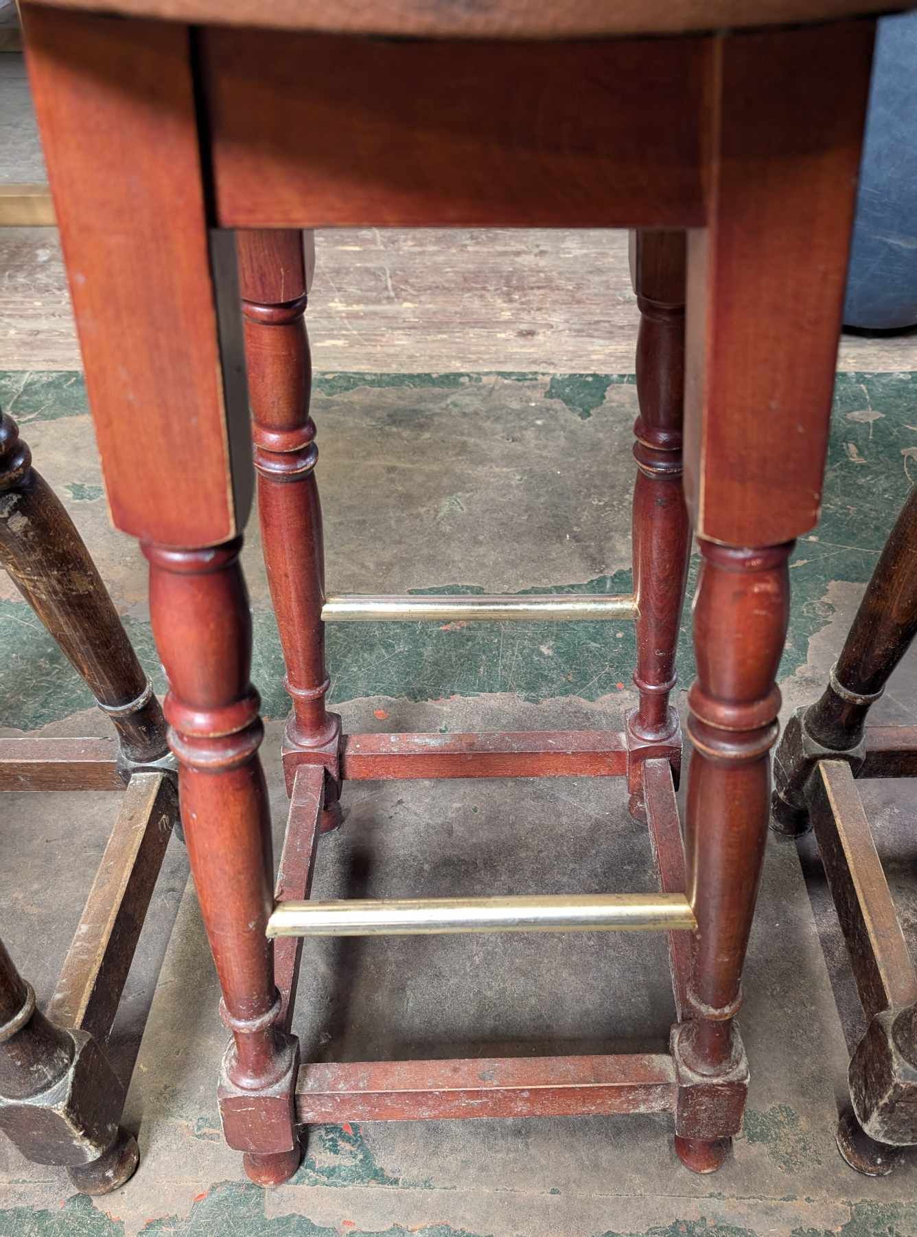 Set of Three Wooden Leather Top Stools with Steel Footbars