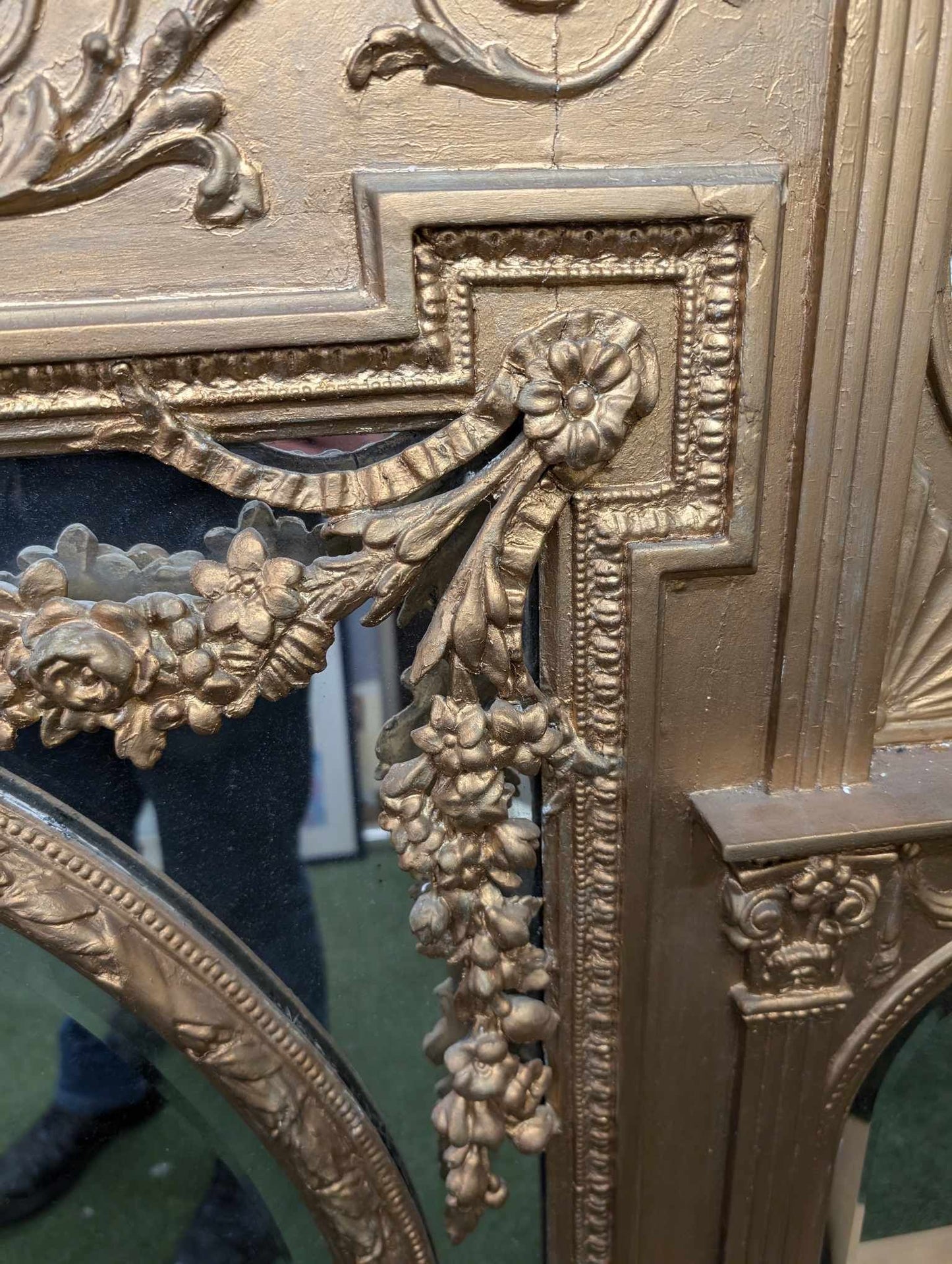 Large Victorian Overmantle Mirror with Gold Painted, Ornately Carved Wooden Frame