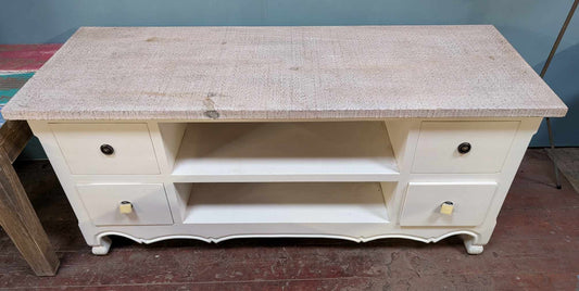 White and Beige TV Table with Raw Wood Tabletop and Four Drawers