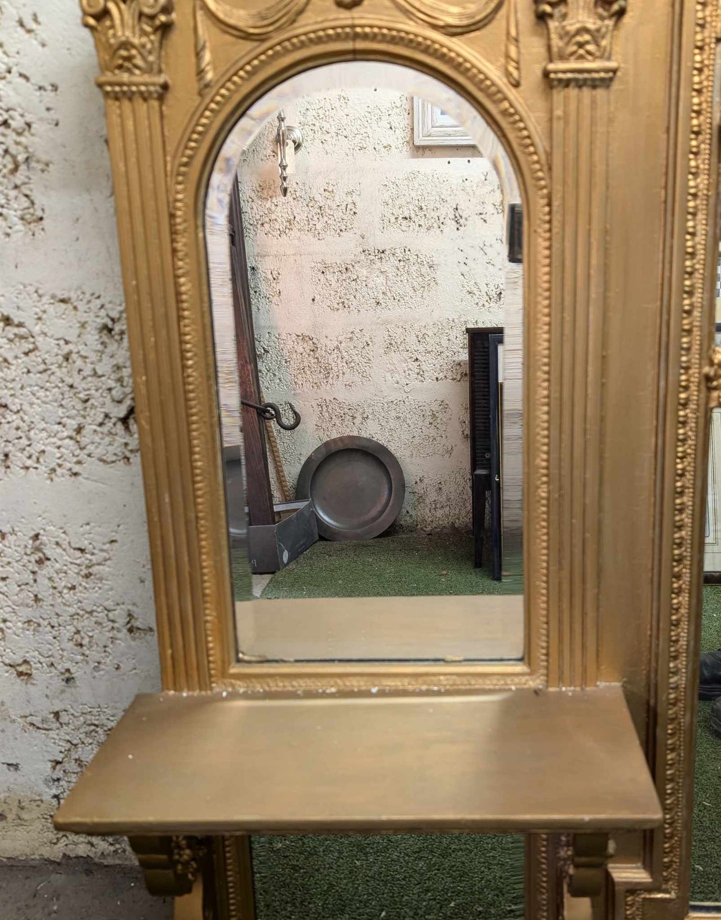 Large Victorian Overmantle Mirror with Gold Painted, Ornately Carved Wooden Frame