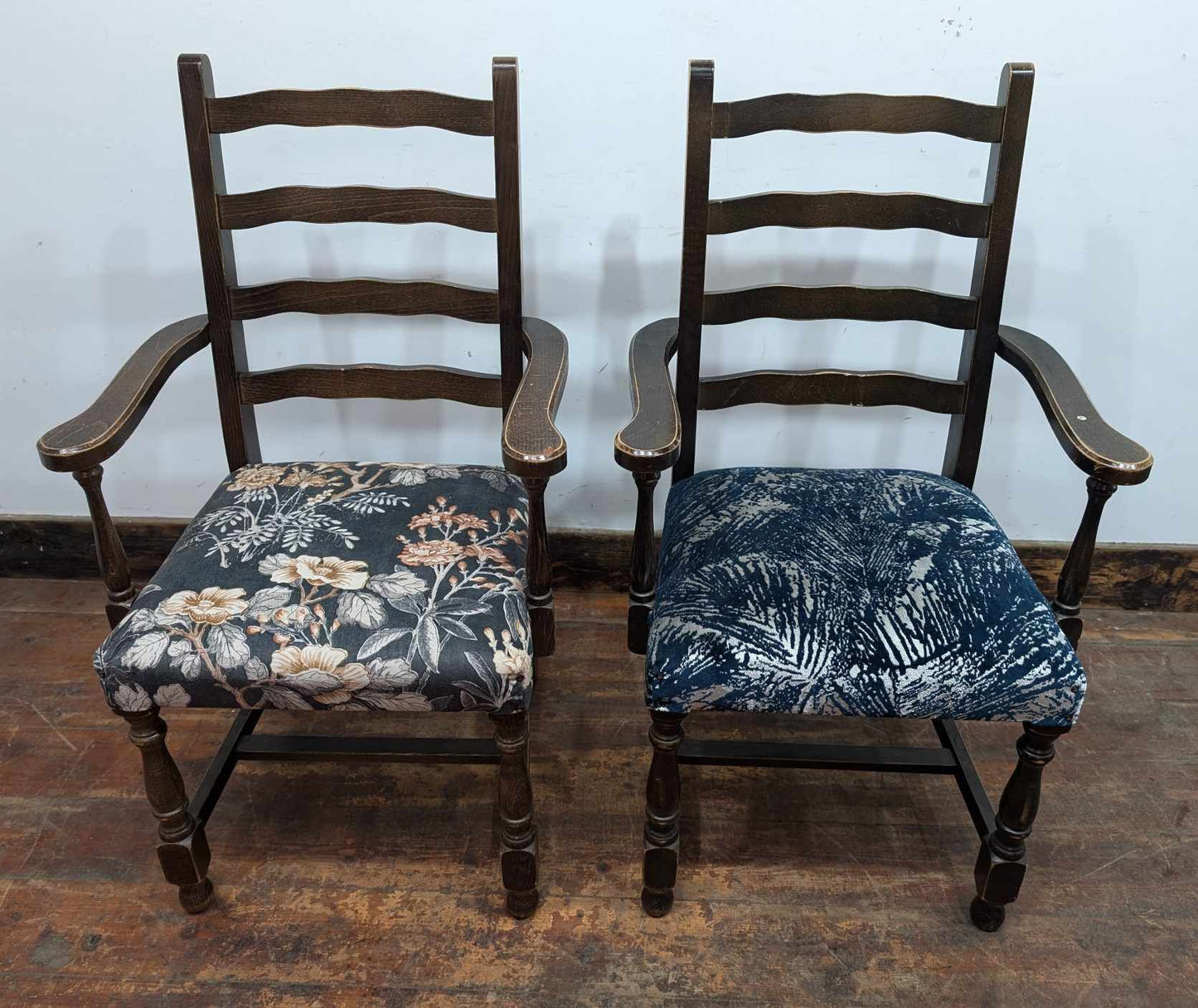 Pair of Mixed Pattern Pub Dining Armchairs - Reupholstered