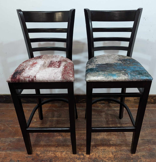 Pair of Black Highback Bar Stools with Fabric "Paint Pattern" Seats - 1 Red, 1 Blue