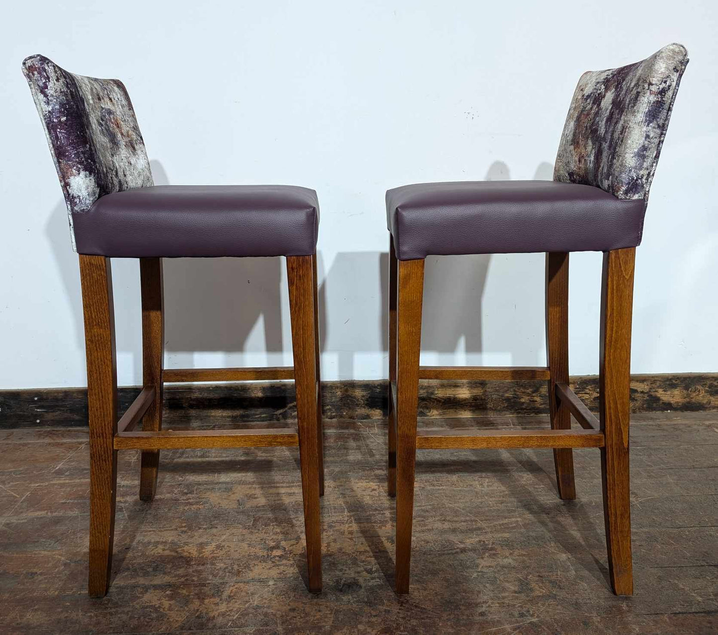 2 x purple patterned bar stools