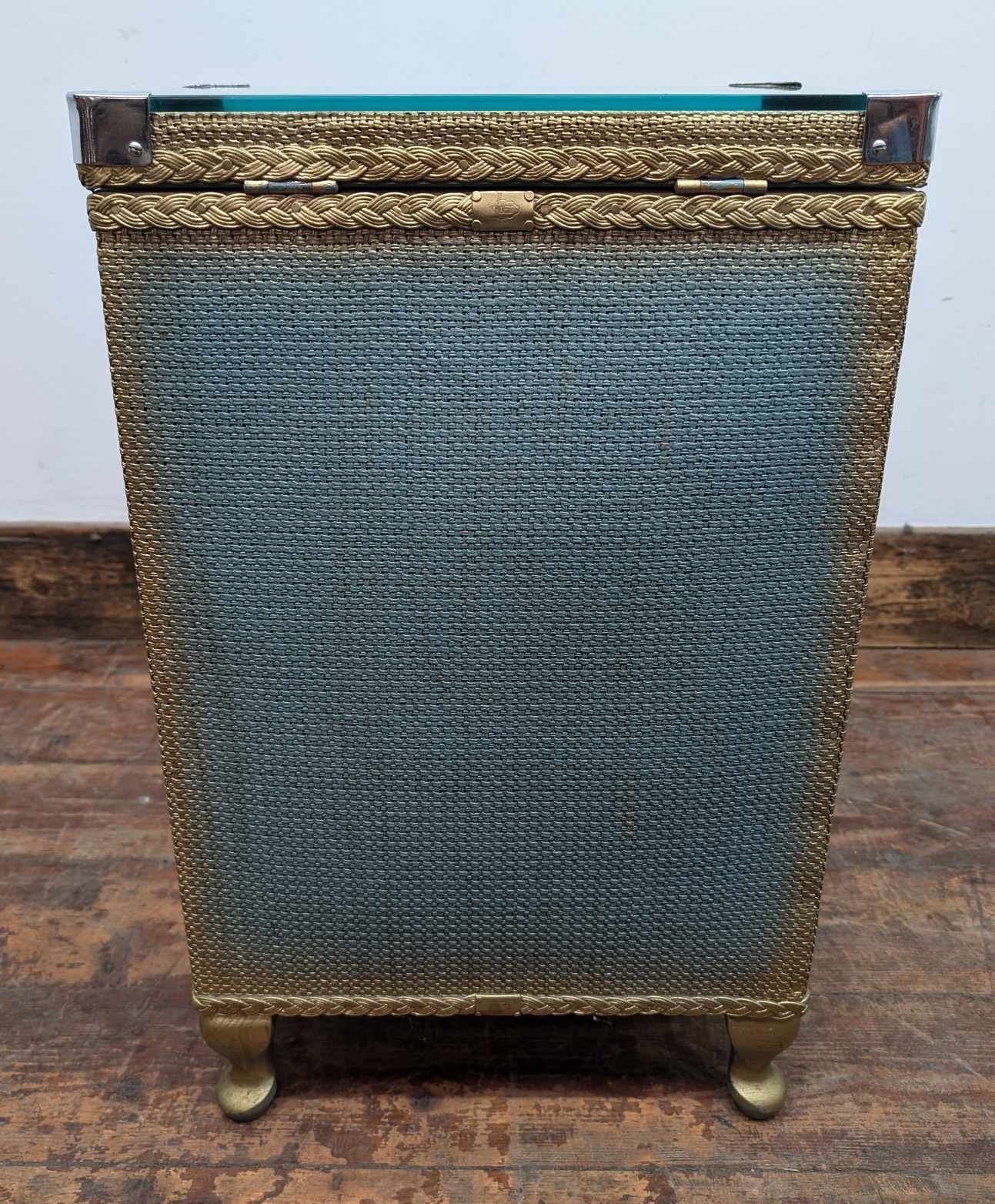 Vintage Blue Wicker Tub Chair with Matching Glass Top Side Table / Storage Basket