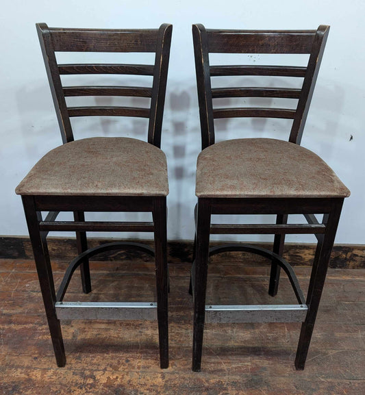 Pair of Brown High-back Bar Stools with Lightly Patterned Beige Fabric Seats