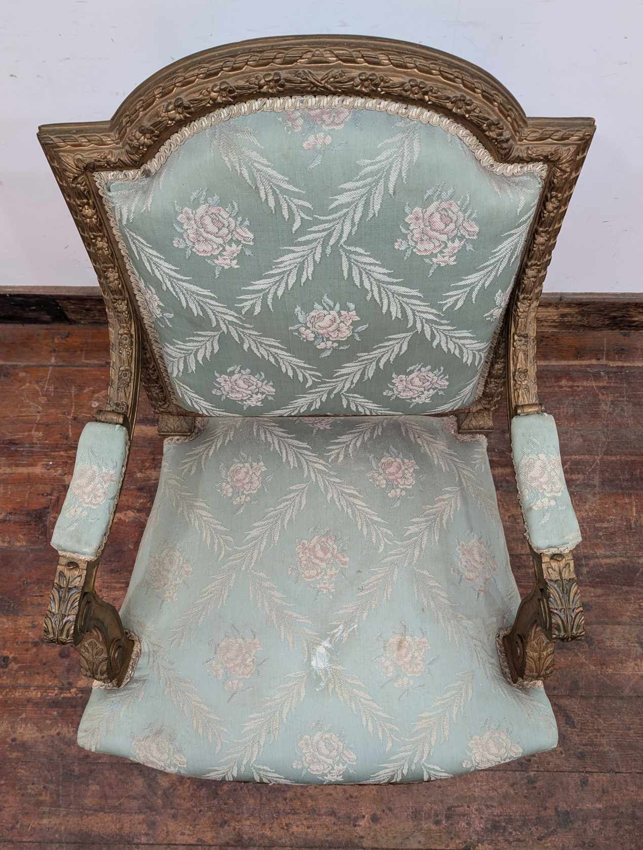 Vintage Ornate Wooden Armchair with Mint Green Upholstery and Floral Patterns