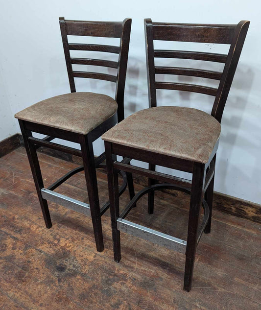 Pair of Brown High-back Bar Stools with Lightly Patterned Beige Fabric Seats