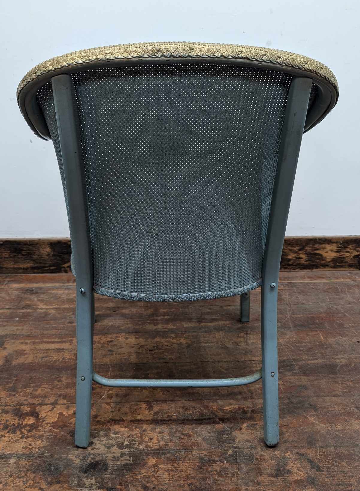 Vintage Blue Wicker Tub Chair with Matching Glass Top Side Table / Storage Basket