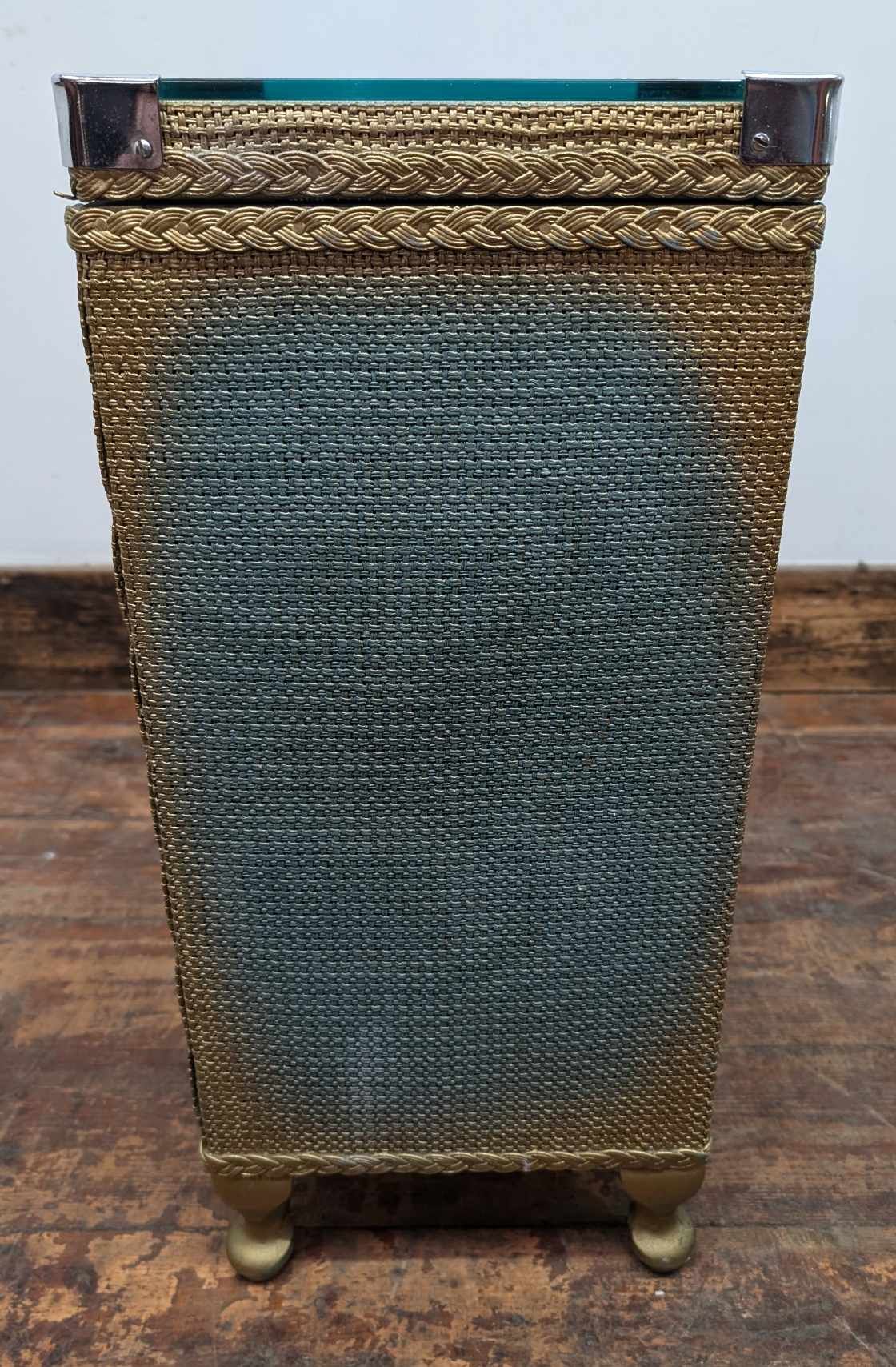 Vintage Blue Wicker Tub Chair with Matching Glass Top Side Table / Storage Basket