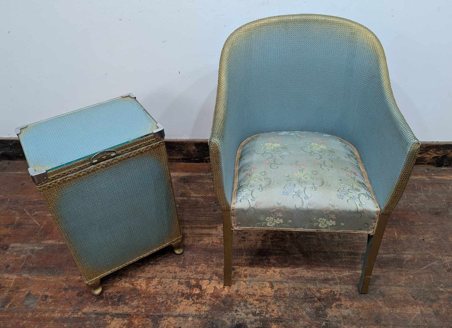 Vintage Blue Wicker Tub Chair with Matching Glass Top Side Table / Storage Basket