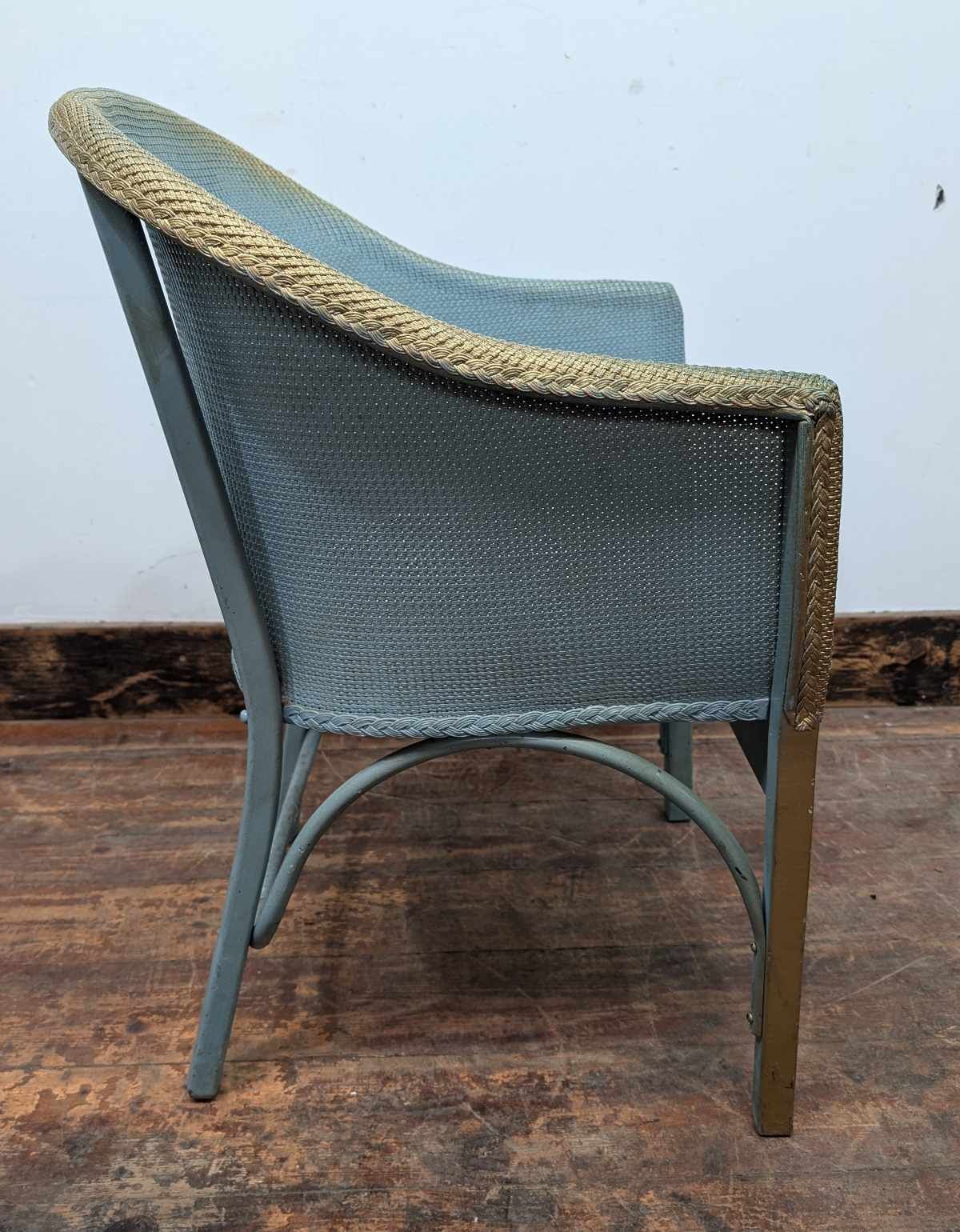 Vintage Blue Wicker Tub Chair with Matching Glass Top Side Table / Storage Basket