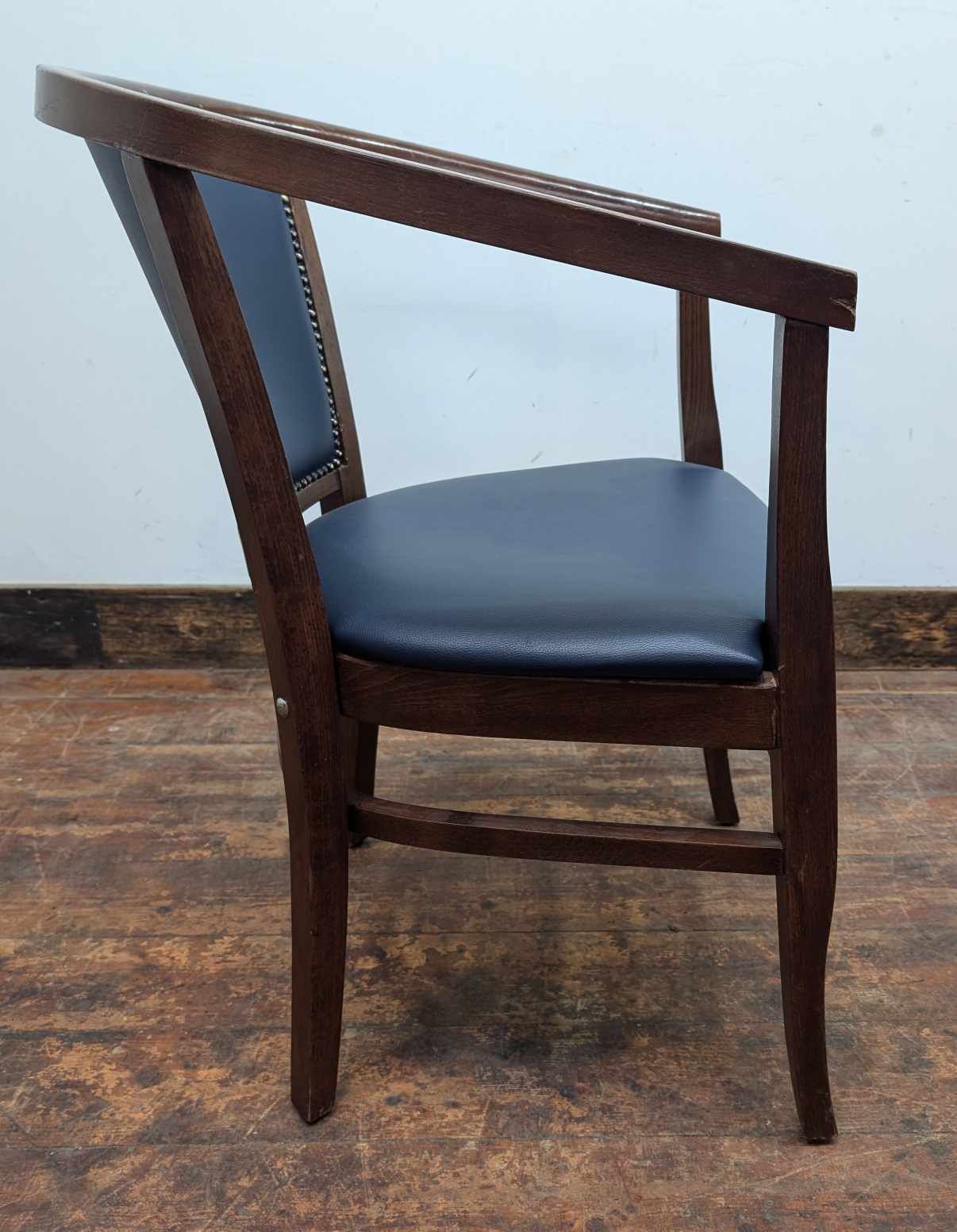 Wooden Frame Tub Dining Chair with Blue Faux Leather Upholstery - Reupholstered