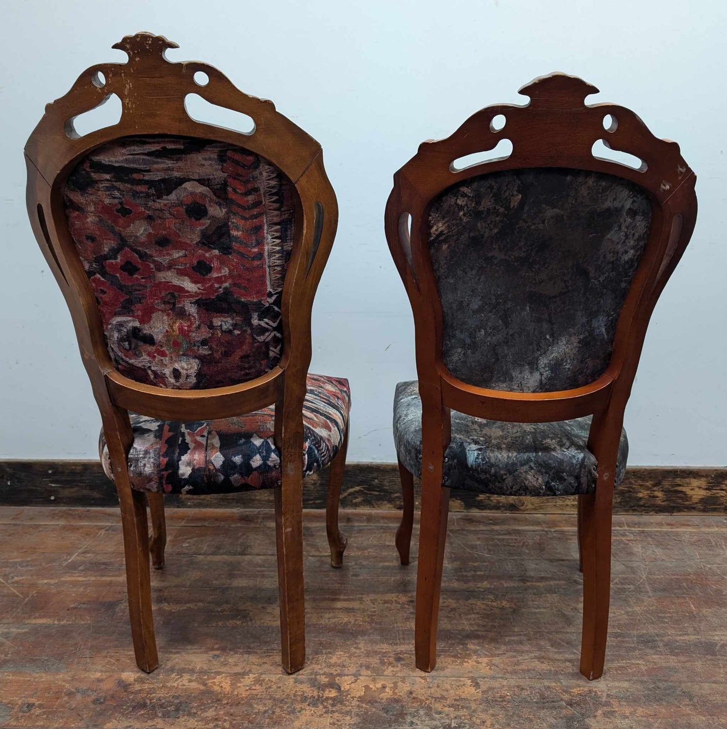 Set of Four Upholstered Mixed Pattern Pub Dining Chairs with Carved Backs