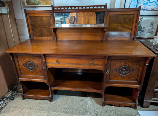 Large 20th Century Oak Sideboard with Cupboards, Drawer and Shelves