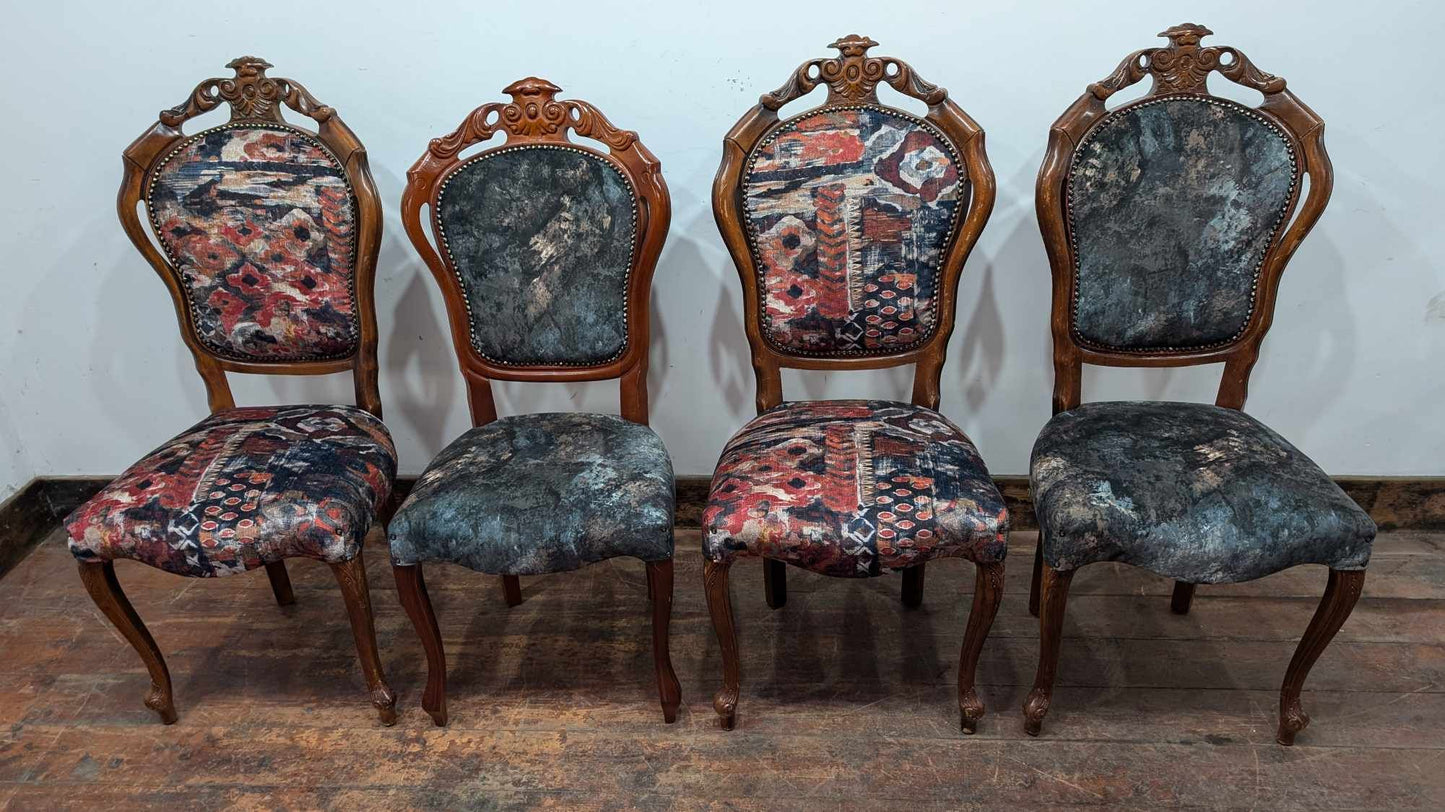 Set of Four Upholstered Mixed Pattern Pub Dining Chairs with Carved Backs