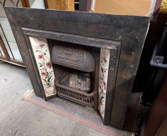 Antique Victorian Cast Iron Fireplace Insert with Decorative Tiling