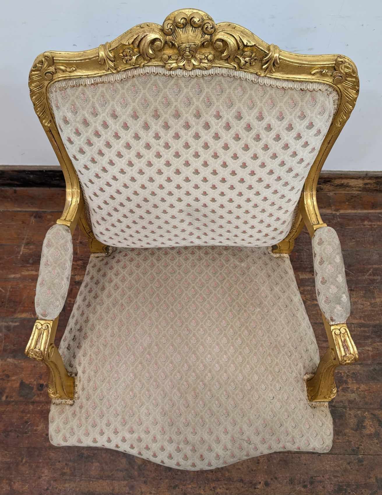 Vintage Ornate Wooden Armchair with Gold-painted Wood and White Upholstery