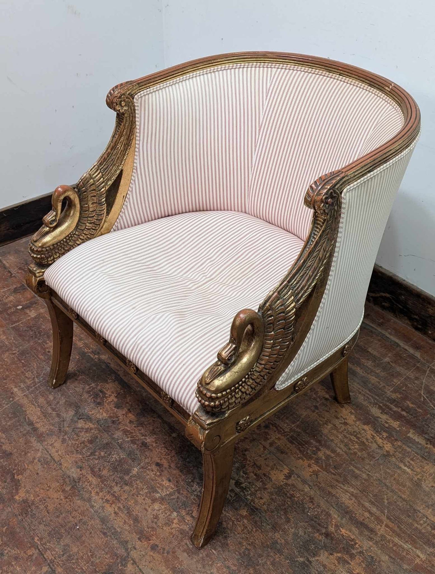 Vintage Wooden Framed Tub Chair with Swan Carvings and Pinstriped Upholstery