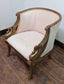 Vintage Wooden Framed Tub Chair with Swan Carvings and Pinstriped Upholstery