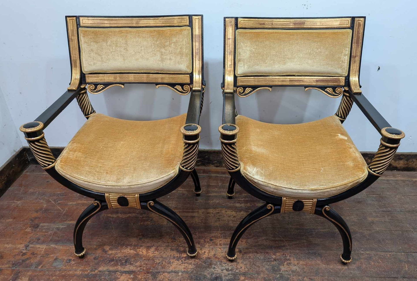 Pair of Vintage Upholstered Wooden Armchairs in Gold-Black Hollywood Art Deco Style