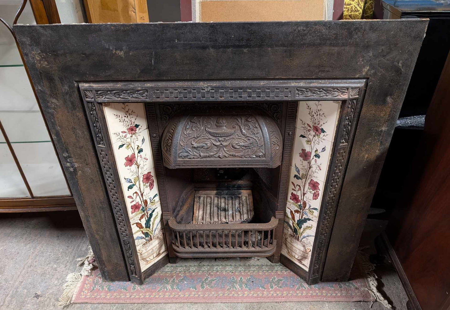 Antique Victorian Cast Iron Fireplace Insert with Decorative Tiling