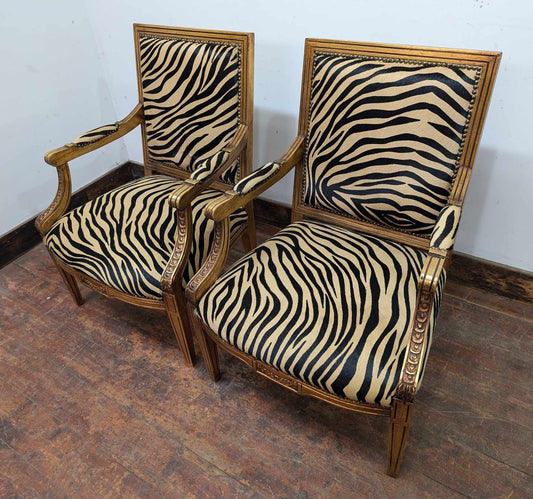 Pair of Vintage Wooden Armchairs with Imitation Zebra Hide Upholstery