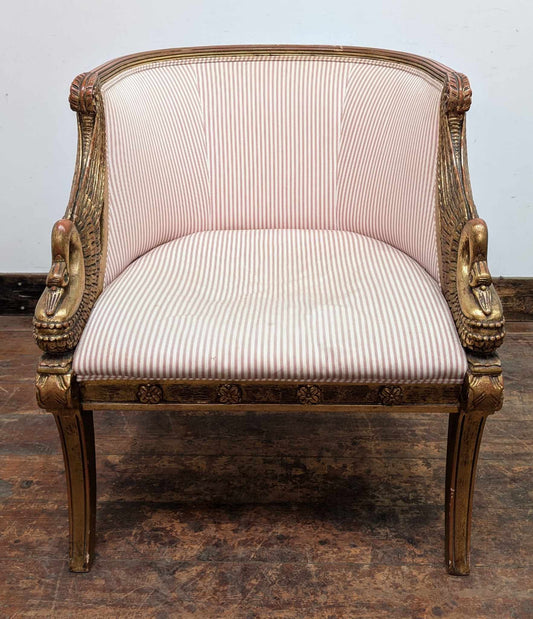 Vintage Wooden Framed Tub Chair with Swan Carvings and Pinstriped Upholstery