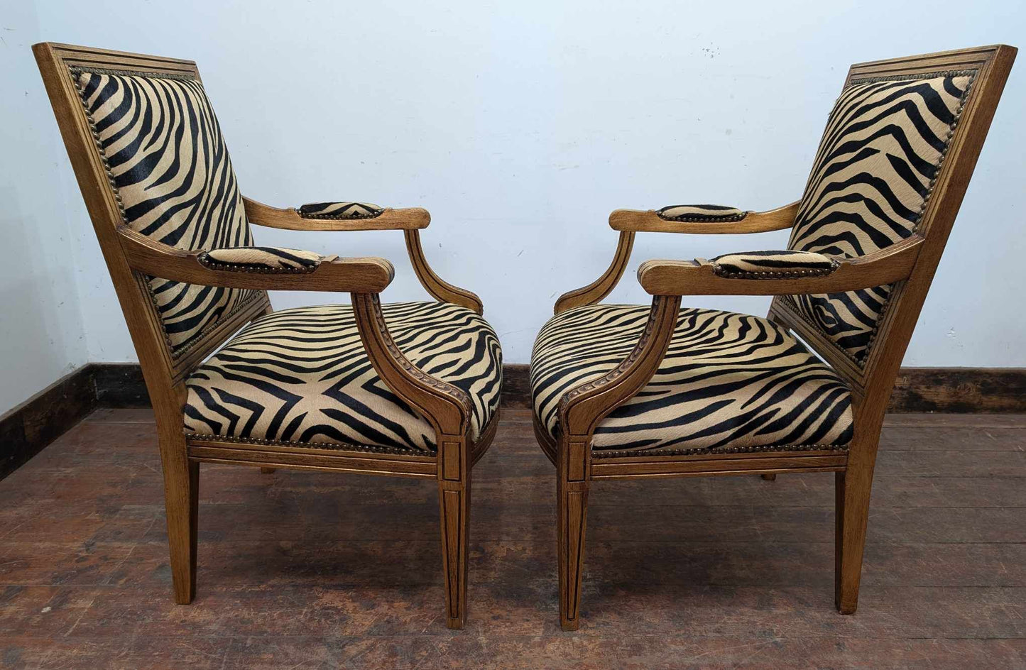 Pair of Vintage Wooden Armchairs with Imitation Zebra Hide Upholstery