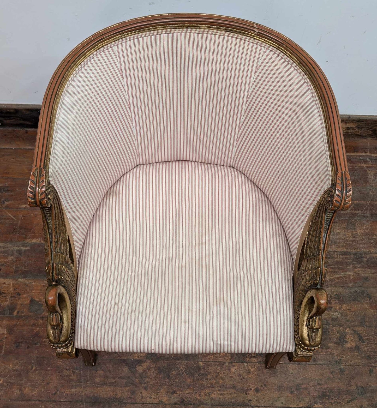 Vintage Wooden Framed Tub Chair with Swan Carvings and Pinstriped Upholstery