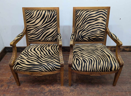 Pair of Vintage Wooden Armchairs with Imitation Zebra Hide Upholstery