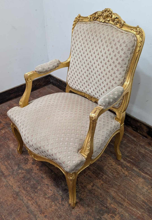 Vintage Ornate Wooden Armchair with Gold-painted Wood and White Upholstery