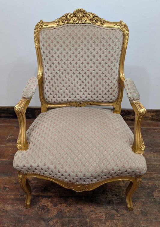 Vintage Ornate Wooden Armchair with Gold-painted Wood and White Upholstery