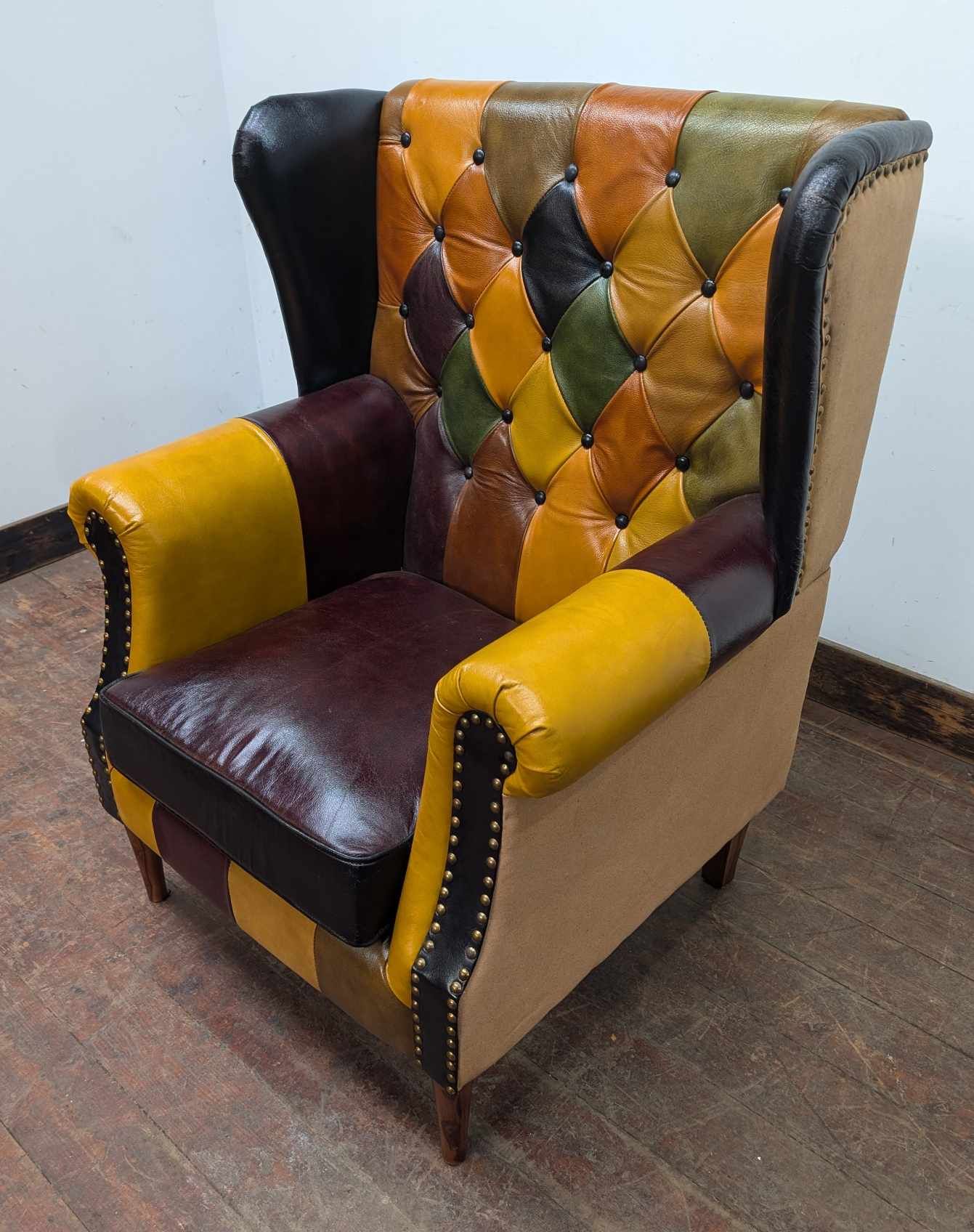 Tan Leather Wingback Armchair with Multicolour Diamond Pattern