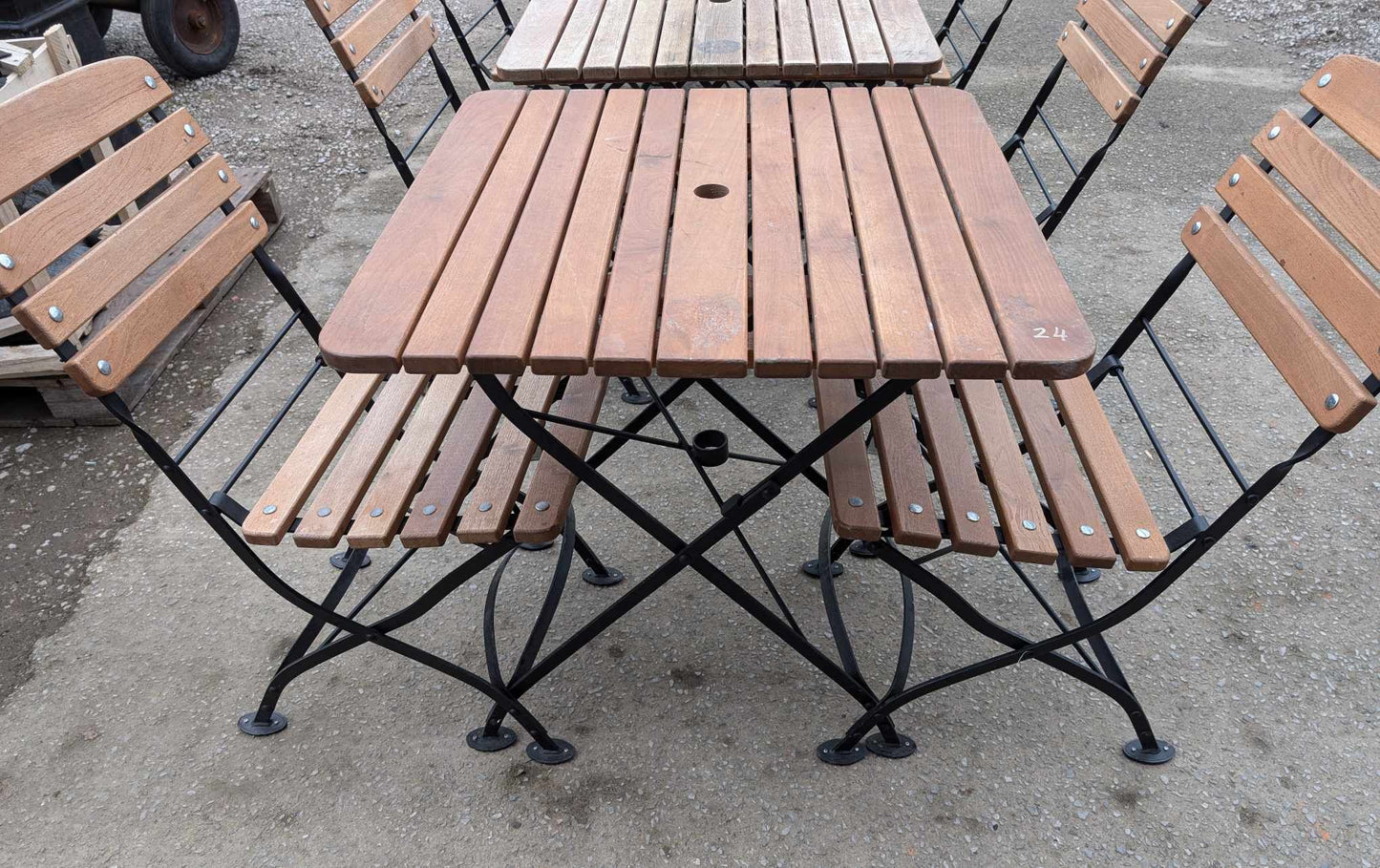 Set of Five Teak Folding Tables with Ten Folding Chairs / Metal Frames / Outdoor