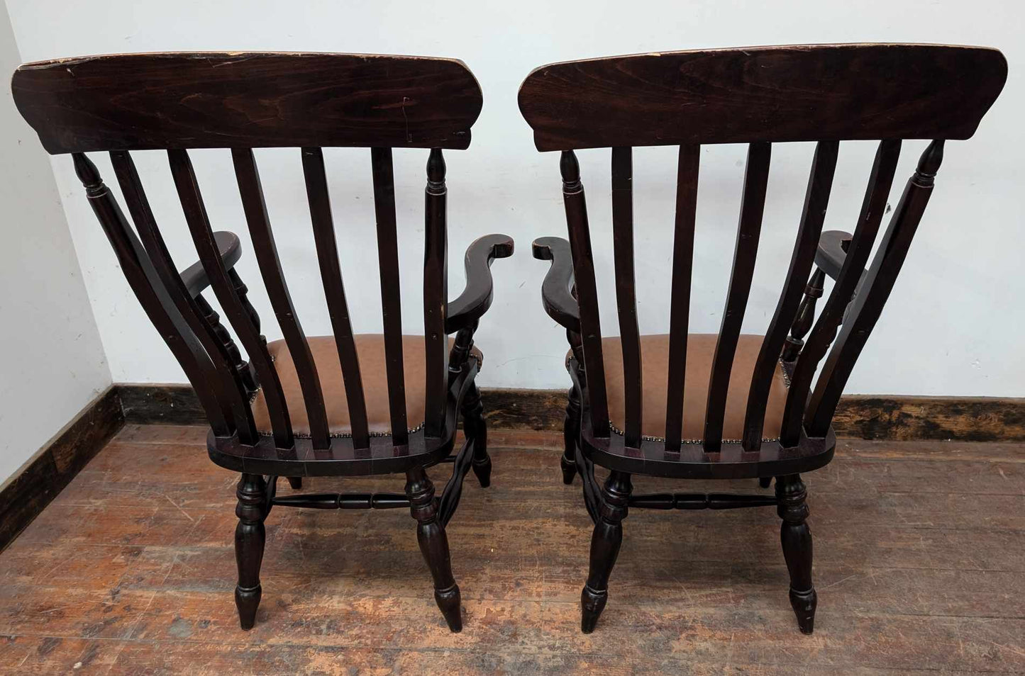 Pair of High Back Slat Back Wooden Armchairs with Tan Leather Upholstered Seats