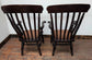 Pair of High Back Slat Back Wooden Armchairs with Tan Leather Upholstered Seats