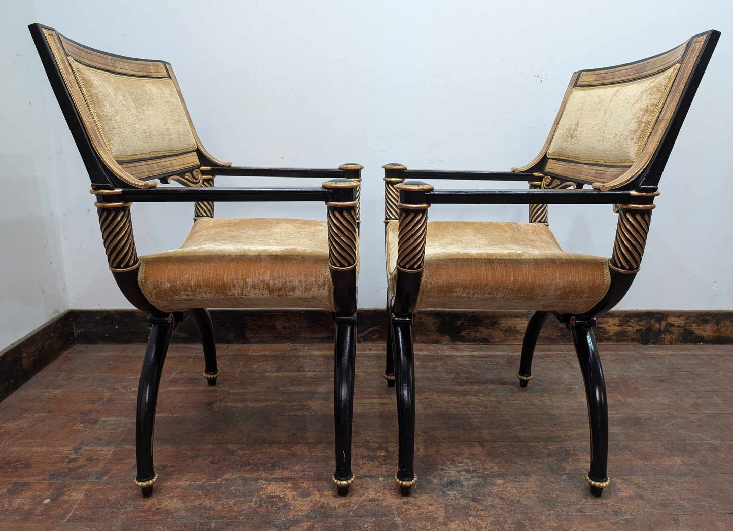 Pair of Vintage Upholstered Wooden Armchairs in Gold-Black Hollywood Art Deco Style