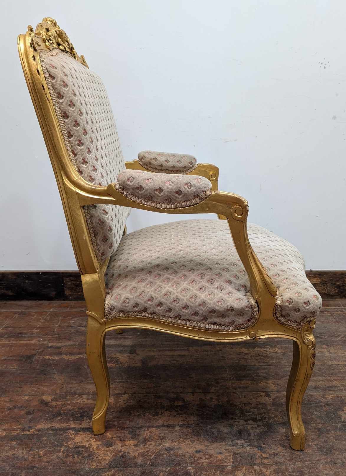 Vintage Ornate Wooden Armchair with Gold-painted Wood and White Upholstery